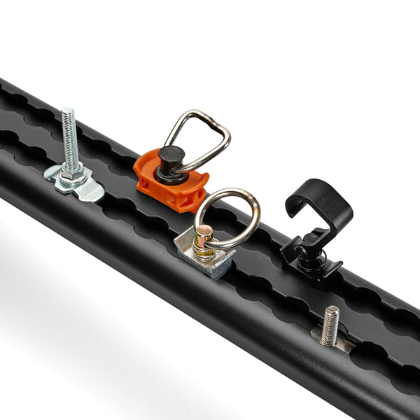Cargo & L-Track accessories — L-track rail with stud fittings, D-ring, J-hook, and T-bolt | DVA Mechanics