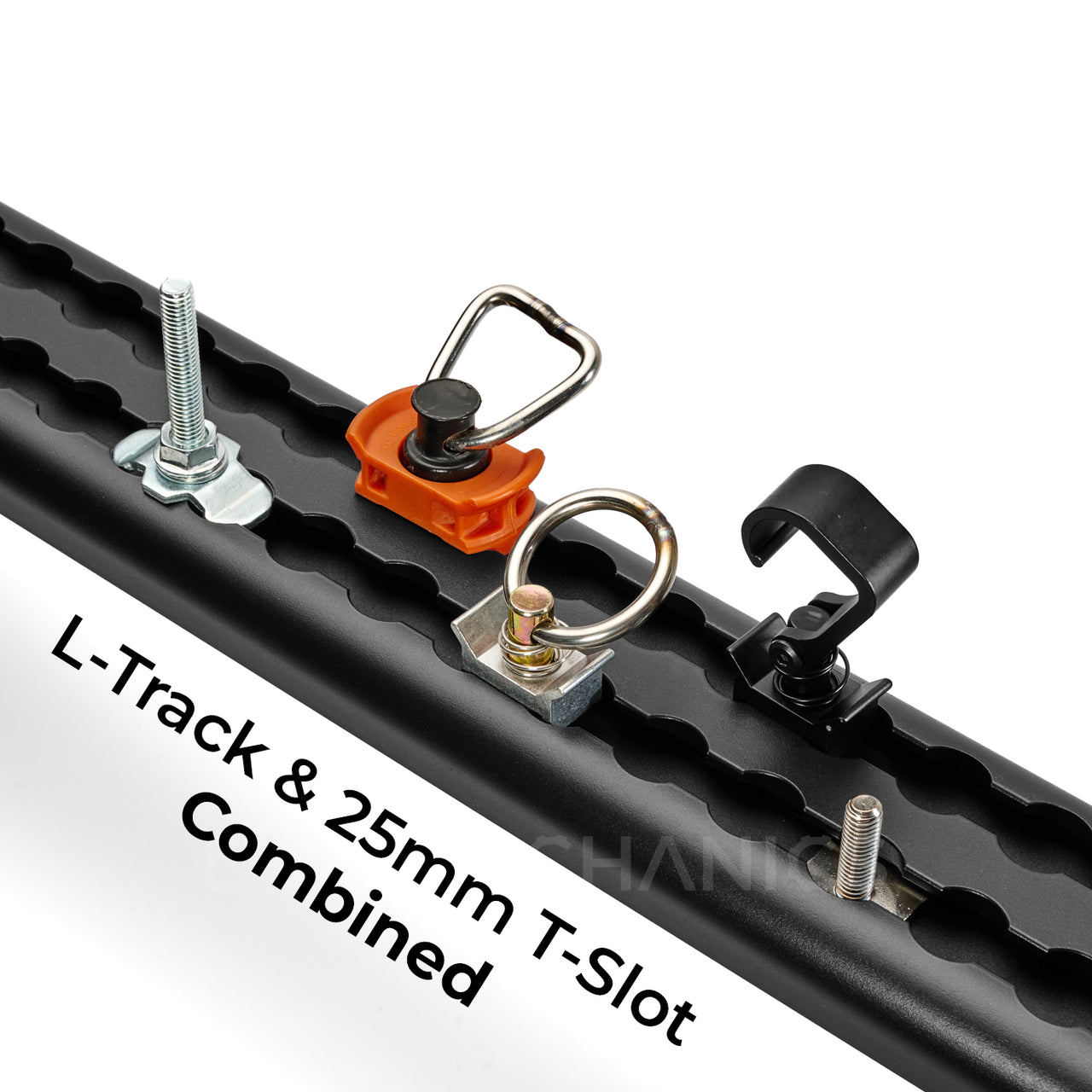 DualTrack-T MAX rail showing combined L-Track and 25 mm T-Slot channels with tie-down and gear-hook fittings installed