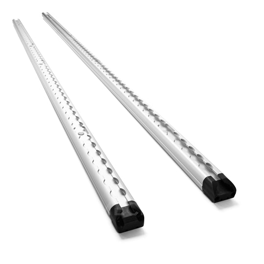 Two silver extruded-aluminum LoadSpan roof rails with L-track slots and black end caps on a white studio background